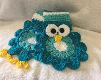 Crochet Owl Scarf in Shades of Blue