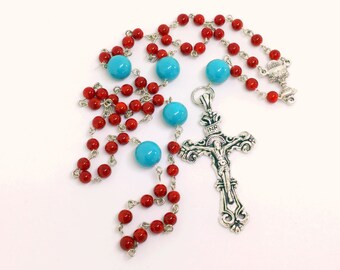 Lutheran Prayer Beads — Coral and Turquoise — 5 Decades