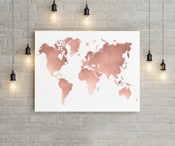 World Map Wall Art  Rose  Gold  Print World Map Poster Rose 