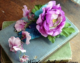 Sprung Hair Clip Fascinator, Belly Dance, Wedding, Bridal, Prom, Vegan, ATS, Tribal Fusion, Hair Garden, Purple, Blue