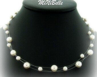 White Pearl Illusion Necklace. Floating Pearl Necklace. 3 Strand Illusion Necklace.Swarovski Pearl Illusion Bridal Necklace. Wedding Jewelry