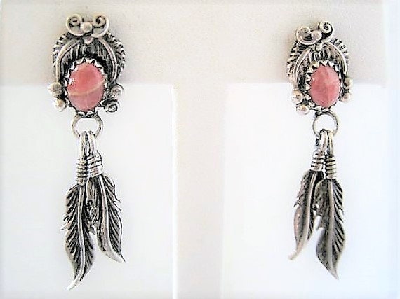 Native American Earrings, Pink Agate Stones, Sterling Feathers, Boho Pierced Dangles