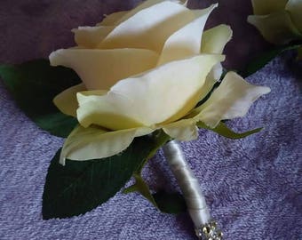 Silk gold rose boutineer with gold bling