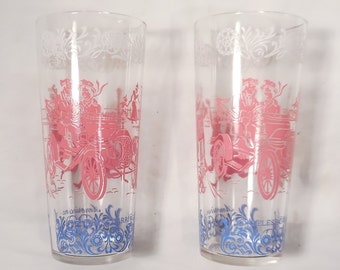 2 Americana Horseless Carriage Clear Drinking Glasses Hazel Atlas