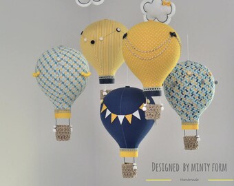 Navy Yellow Gray Aqua White Hot Air Balloon Mobile Travel Theme Nursery Decor Custom Mobile World Map