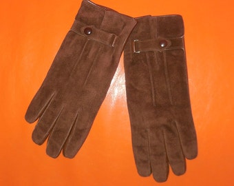 Unworn Vintage Men's Leather Gloves 1960s 70s Soft Brown Leather and Suede Men's Gloves Snap Detail at Wrist Boho EXC M