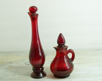 Avon Bottles - Red Glass Bottles - Bud Vase and Pitcher - Vintage Avon Perfume Bottles - 1960s