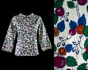Size 10 Cotton Shirt - 1960s Novelty Print Plums Tailored Top - Long Cuffable Sleeves - Classic Mid Century Blouse - 60s Deadstock - 44579-1