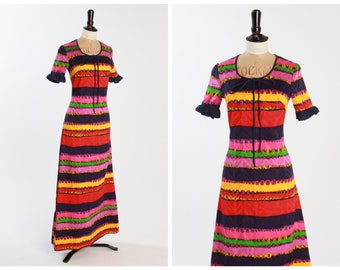 Vintage 1970s 70s Figura Sun Party Striped Maxi Dress