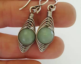 Sterling silver aventurine earrings - green gemstone earrings - green aventurine jewelry - wire wrapped jewelry - silver wire earrings