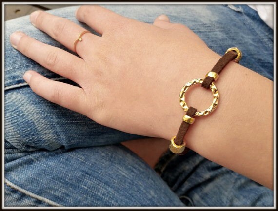 Leather Gold Bracelet, Gold Leather Wristband, Women Cuff Bracelet, Friendship leather bracelet, Women Hoop Bracelet, Circle Bracelet