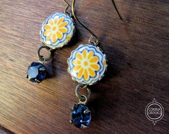 Statement earrings, Mexican jewelry, Folk art jewelry, Mexican pottery pattern, Talavera design, Mexican plates, dangle earrings, Earrings