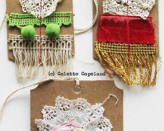 Gift tags, one of a kind, handmade, set of 3, vintage lace and trim