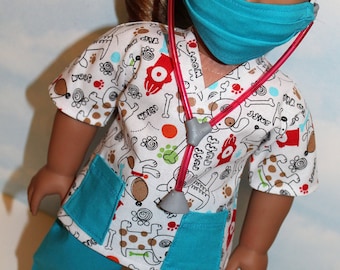 18 Inch Doll (like American Girl) White & Teal Dog Print Scrubs with Stethoscope (5 piece set)