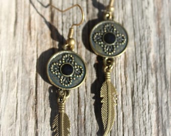 Brass and Black Enamel Feather Earrings
