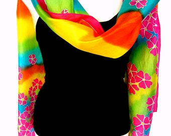 Silk Scarf, Hand Painted Silk Scarf, Rainbow, Multicolor, Bright, Floral Silk Scarf, 71" x 18", Gift For Her
