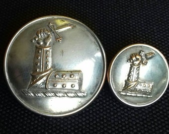 Antique English Livery Button Silver Plate. Elbowed Arm Holding Broken Sword 26mm & 16mm Example