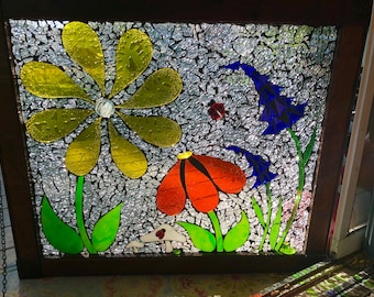 Flower Garden Stained Glass Mosaic On a Vintage Window