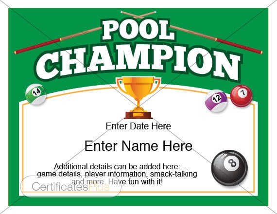 pool certificate pool champion award pool award template champion certificate