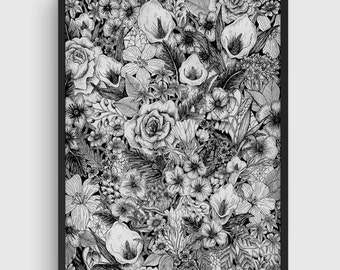 Flower Poster, Flower Illustration, Flower Print, Flower Wall Art, Floral Art, Botanical Illustration, Ink Drawing, Black and White Poster.
