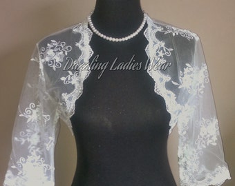 Embroidered Floral Lace Bolero 3/4 Sleeves / Shrug / Wedding Cropped Jacket / Wrap / Shawl - UK 6-28 - Colours available : Ivory, White