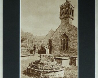 Vintage Architectural Print of St Andrew's Church in Brympton Beautiful medieval architecture d'Evercey family, sepia Christian photography