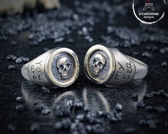Father's Day gift, Custom Design, Skulls wedding rings, Sterling silver engagement rings, Skull seal rings, Handmade rings