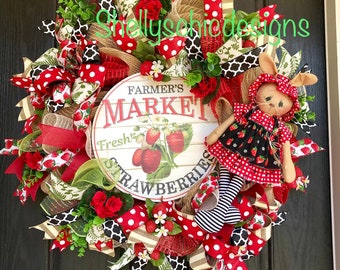 READY To SHIP Strawberry mesh wreath, Summer mesh wreath,Strawberry burlap wreath, Summer deco mesh wreath, Strawberry Deco mesh wreath, fro