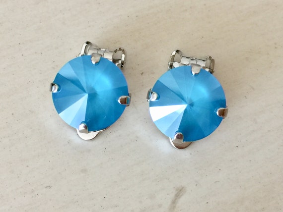 Azure Blue Lacquer Swarovski Crystal Clip On Earrings, Silver