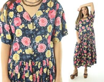 Vintage 90s Sundress Tea Length Dress Short Sleeves Floral Rayon 1990s Large L Hippie Boho New Mints