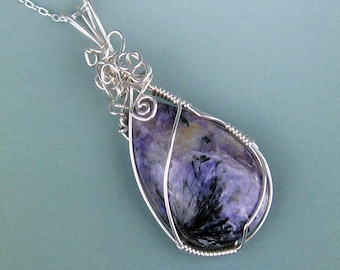 Chaorite Pendant, Semi Precious Stone, Sterling Silver Wire-Wrapped, Crystal Necklace, Handmade, Elegant Gift, Purple, Natural Crystal, Gift