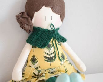 Fabric Doll - Handmade doll with fancy cloth - Cotton doll - little girl doll - soft doll - Brown and braid hair doll