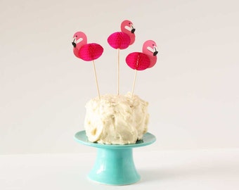 Flamingo party picks. Set of 12. 3D honeycomb flamingo cake topper. Cocktail pick. 3D Flamingo party decor. Tropical bird cupcake topper.