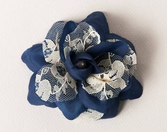 Flower brooch Navy Blue and ivory lace