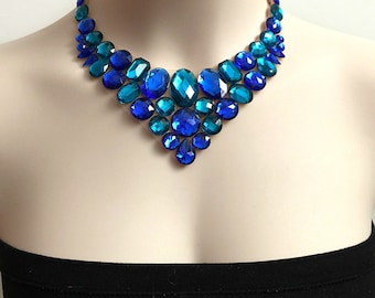 Sapphire Blue and teal bib rhinestone tulle necklace