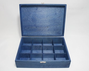 12 Compartments Blue Wooden Tea Box / Blue Storage Box / Wooden Keepsake Box / Jewelry Box / Collection Box / Personalized Box Option