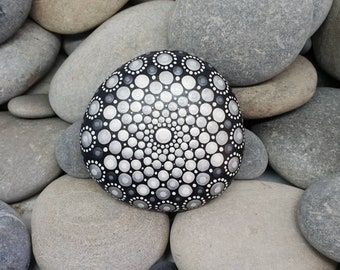Grey & White Mandala Stone - Painted Rock - Mandala Rock - Meditation - Zen - Dotilism - Rock Art - Mandala Art - Christmas White