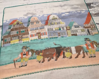 Souvenir Handkerchief, Novelty Hankie, Bavarian, Tyrol Handkerchief, Vintage Hankies, Vintage Handkerchiefs, Cow Hankie,