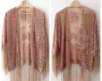 Silk Burnout Kimono Women Boho Kimono Gypsy Fringe Kimono Floral Kimono Cardigan Wedding Kimono Jacket Powder