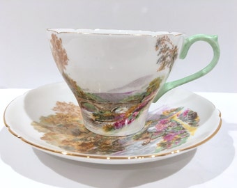 Shelley Tea Cup and Saucer, Shelley China, Shelley Tea Cups, Antique Teacups, Heather Pattern, English Bone China Cups, Scenic Cups