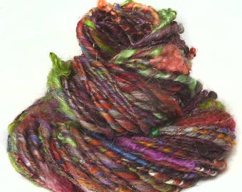 Handspun Art Yarn hand spun BFL wool & handdyed Wensleydale locks, textured sparkly