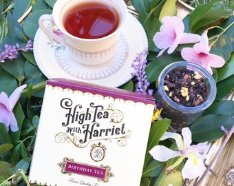 Birthday Tea blend - boutique loose leaf tea in hand-designed, vintage style packaging.