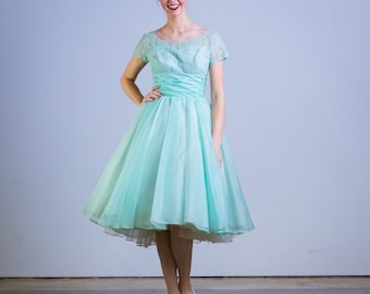1950s Mint Green Party Dress 50's Cupcake Lace Full Skirt