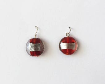 Retro 1980's Red Silver Round Lucite Dangle Drop Statement Earrings