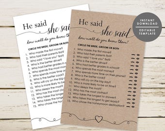 Printable Wedding Shower Game, Know The Couple Game, He Said She Said Game, Bridal Shower Game, Wedding Game, Instant Download, GD_WSG103