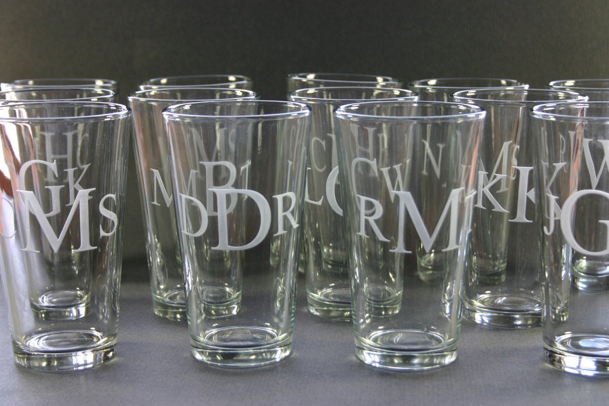 Monogram Beer Pints Etched Glass Set of 9 Glasses