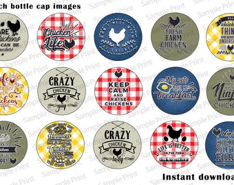 1 inch bottle cap images - 1 inch digital images - Chicken bottle cap images - Chicken images - 4x6 image sheet - 15 images - 1" Crafts