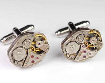 Steampunk Cufflinks Vintage Swiss Watch Movement Mens Gear Cuff Links by Steampunk Vintage Design