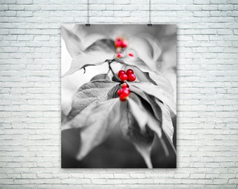 Canvas Art Print Fall Photography Autumn Art Print Woodland Red Berries Winter Wall Art Black and White Red Home Decor Color Pop Photograph