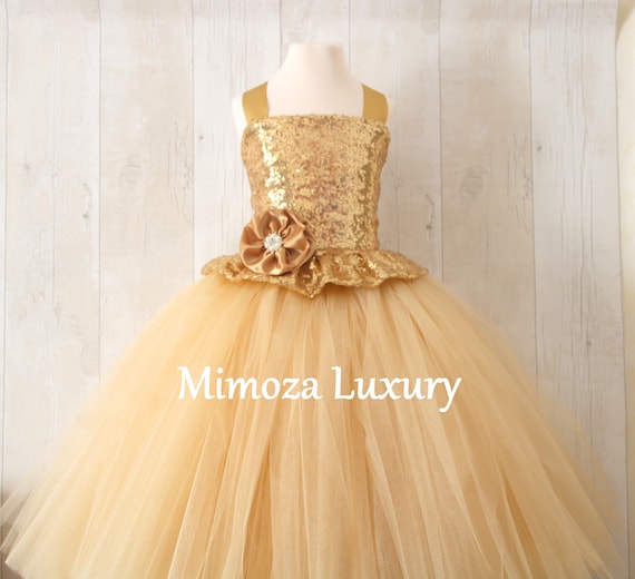 Gold Flower Girl Dress, gold bridesmaid dress, gold couture flower girl gown, bespoke girls dress, tulle princess dress, gold tutu dress